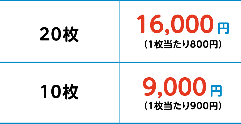 20枚16,000円(1枚当たり800円) 10枚9,000円(1枚当たり900円)