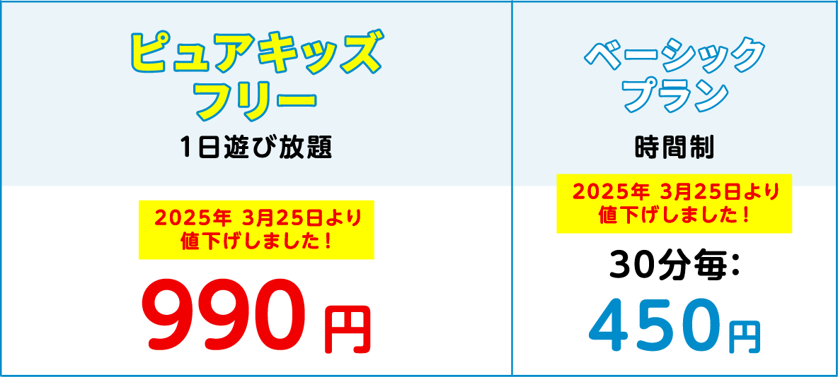 ピュアキッズフリー １日遊び放題　990円　ベーシックプラン 時間制 30分毎：450円